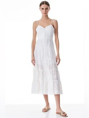 Alice + Olivia white Shanti eyelet midi tiered dress size 4
